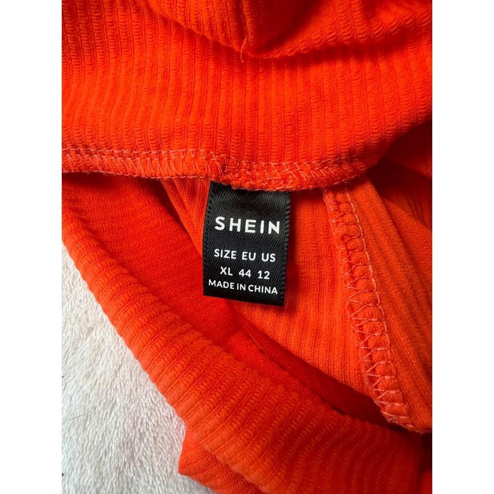 SHEIN Women Neon Orange Ribbed Knit Flare Leg Pants High Waist Bell Bottom XL 12 - Picture 3 of 5